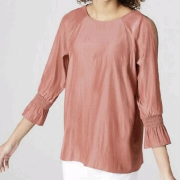J.Jill Women Size S Pink Rose Round Neck Bell Sleeves Cold Shoulder Blouse - Picture 1 of 9